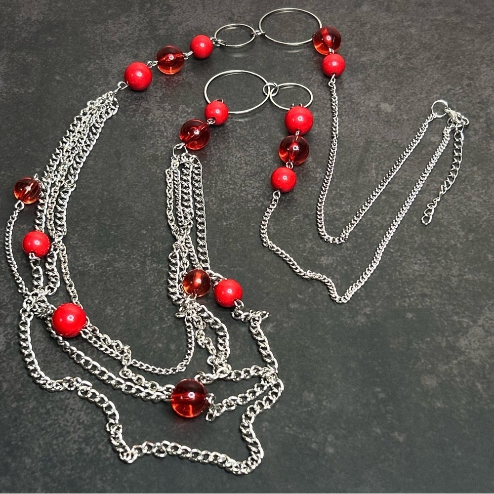 Silver Tone and Red Beaded Long Necklace